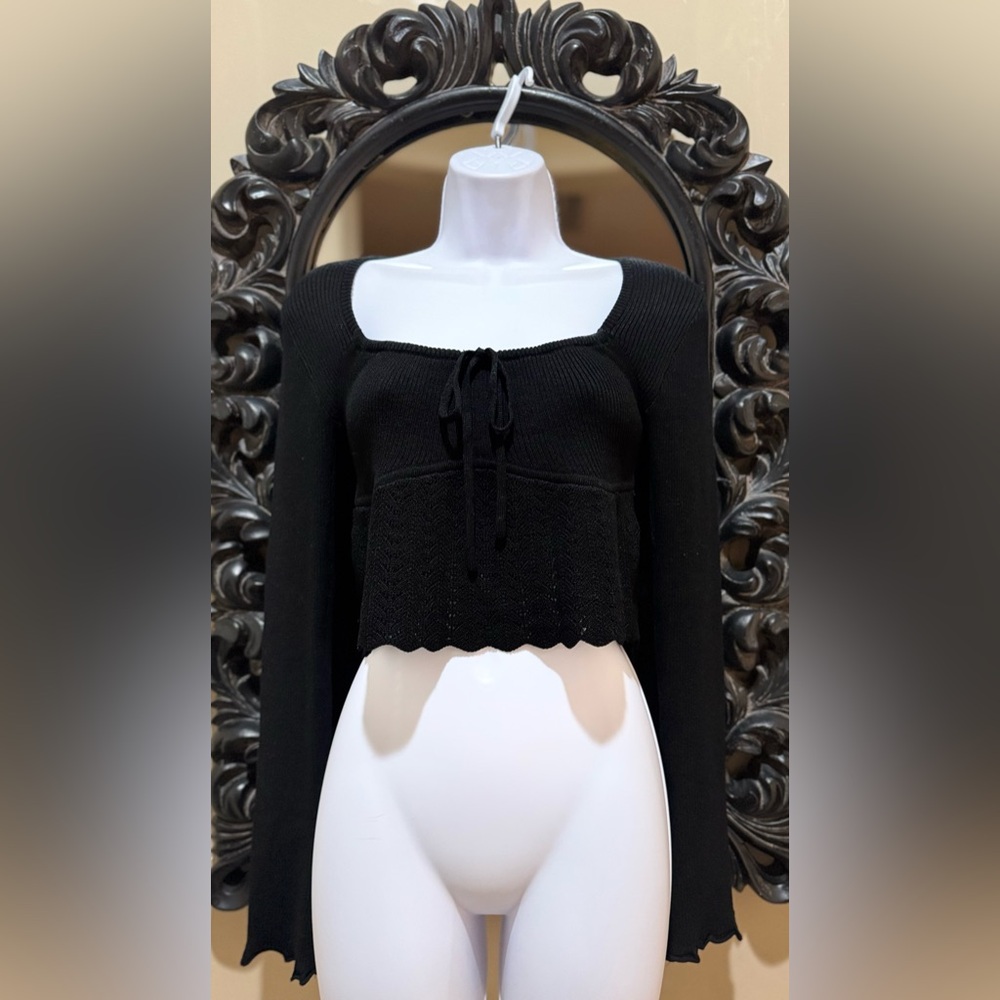 Aster Black Cropped Square Neck Drawstring Sweater - image 1
